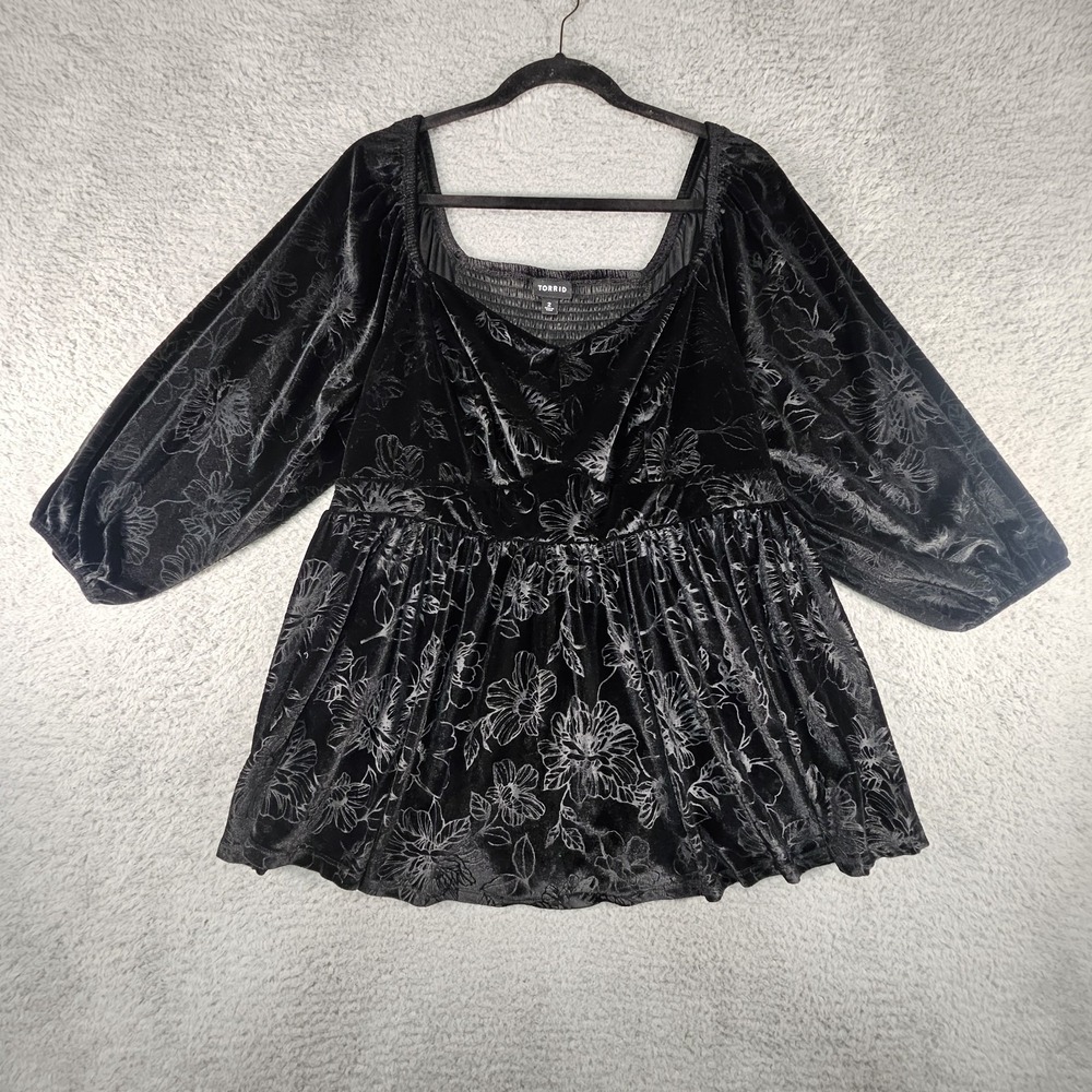Torrid Velvet Burnout Top Womens 2X Black Smocked Whimsigoth fairy grunge Witchy